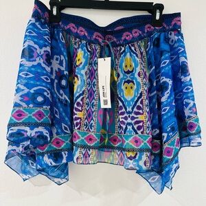 NWT ZARA chiffon blue/multicolour Aztec print asymmetrical L size mini skirt